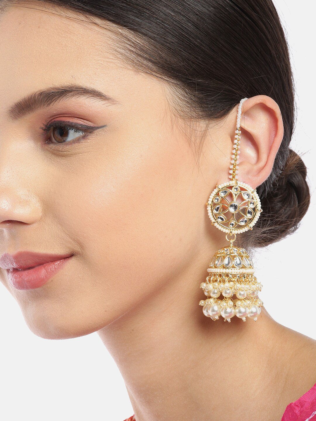Gold-Toned & White Crescent Shaped Drop Earrings - Jhumka Earring Chai –  Lady India